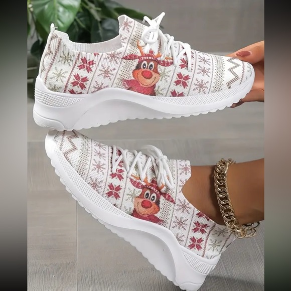 Christmas Reindeer Print Soft Elastic Lightweight Breathable Casual Sneakers - Picture 2 of 4